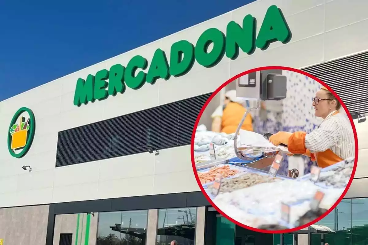 Imagen de fondo de una tienda Mercadona y otra de una trabajadora de la empresa en la sección de pescadería