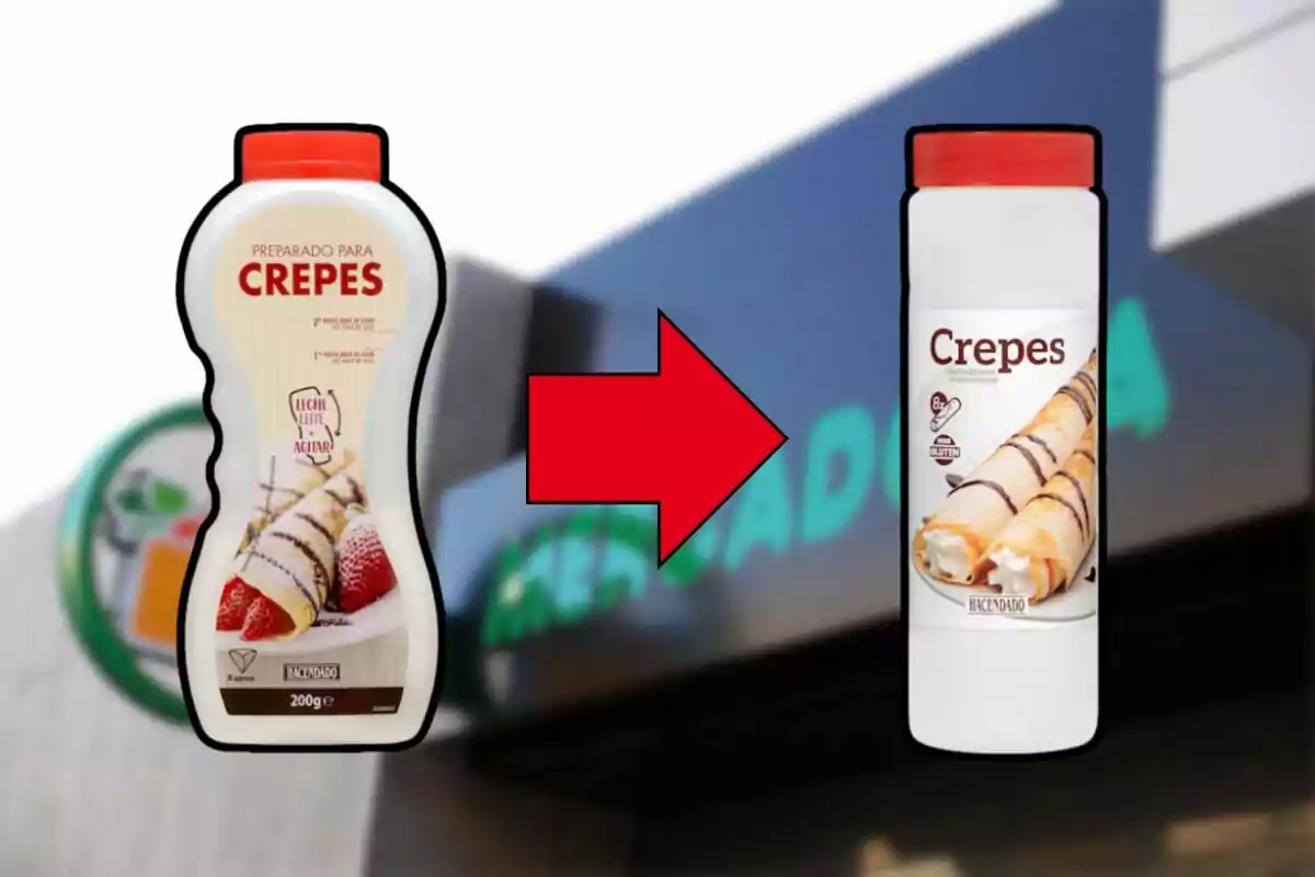 Dos envases de preparado para crepes de la marca Hacendado con un diseño diferente, uno a la izquierda y otro a la derecha, con una flecha roja en el centro indicando un cambio. Dos envases de preparado para crepes de la marca Hacendado con un diseño diferente, uno a la izquierda y otro a la derecha, con una flecha roja en el centro indicando un cambio.