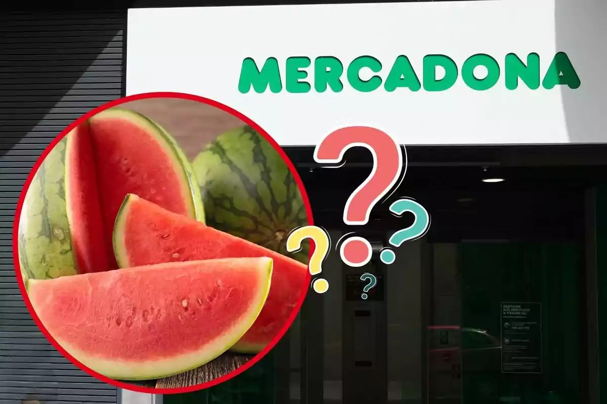 Imagen de fondo de un supermercado Mercadona junto a otra imagen de sandías cortadas y unos interrogantes