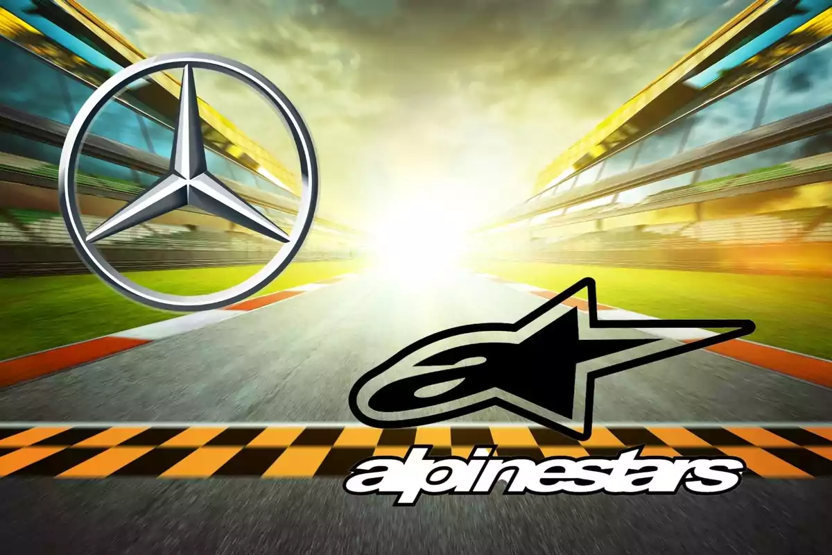 Logos de Mercedes-Benz y Alpinestars sobre un fondo de pista de carreras con una línea de meta a cuadros.