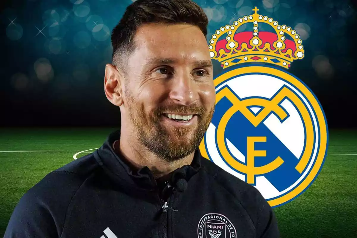 Leo Messi con la ropa del Inter Miami y un escudo del Real Madrid a su lado