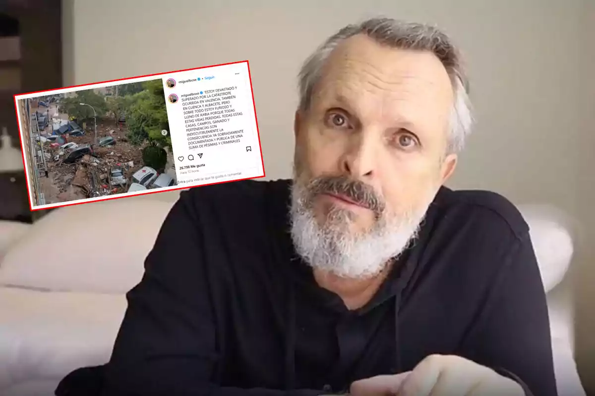 Un hombre con barba y cabello canoso mira a la cámara, mientras en la esquina superior izquierda se muestra una captura de pantalla de una publicación en redes sociales que incluye una imagen de un área afectada por un desastre natural.