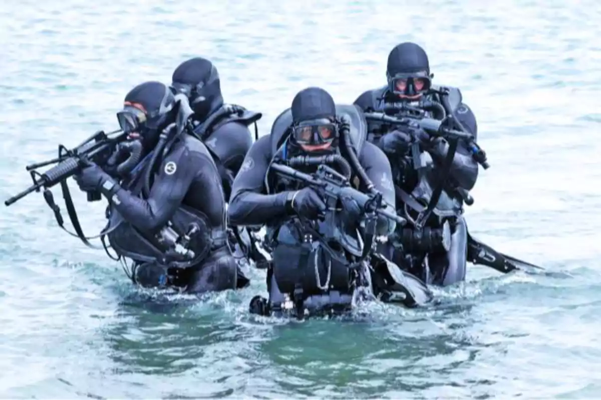 Un grupo de buzos tácticos armados emergiendo del agua. Un grupo de buzos tácticos armados emergiendo del agua.