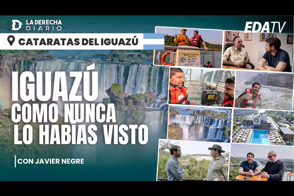 Portada de un programa de EDA TV titulado "Iguazú como nunca lo habías visto" con Javier Negre, mostrando imágenes de las Cataratas del Iguazú y entrevistas.