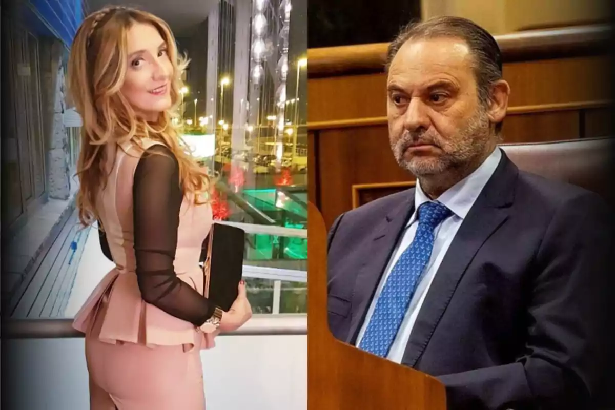 Una mujer sonriente con cabello rubio y vestido elegante posa en un balcón iluminado por luces nocturnas, mientras un hombre con traje y corbata azul está sentado en un entorno formal, posiblemente un tribunal o sala de conferencias.