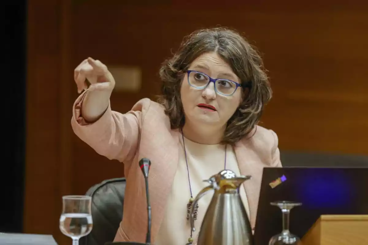 Una persona con gafas y chaqueta rosa señala con el dedo mientras está sentada en una mesa con un micrófono y una jarra de agua.