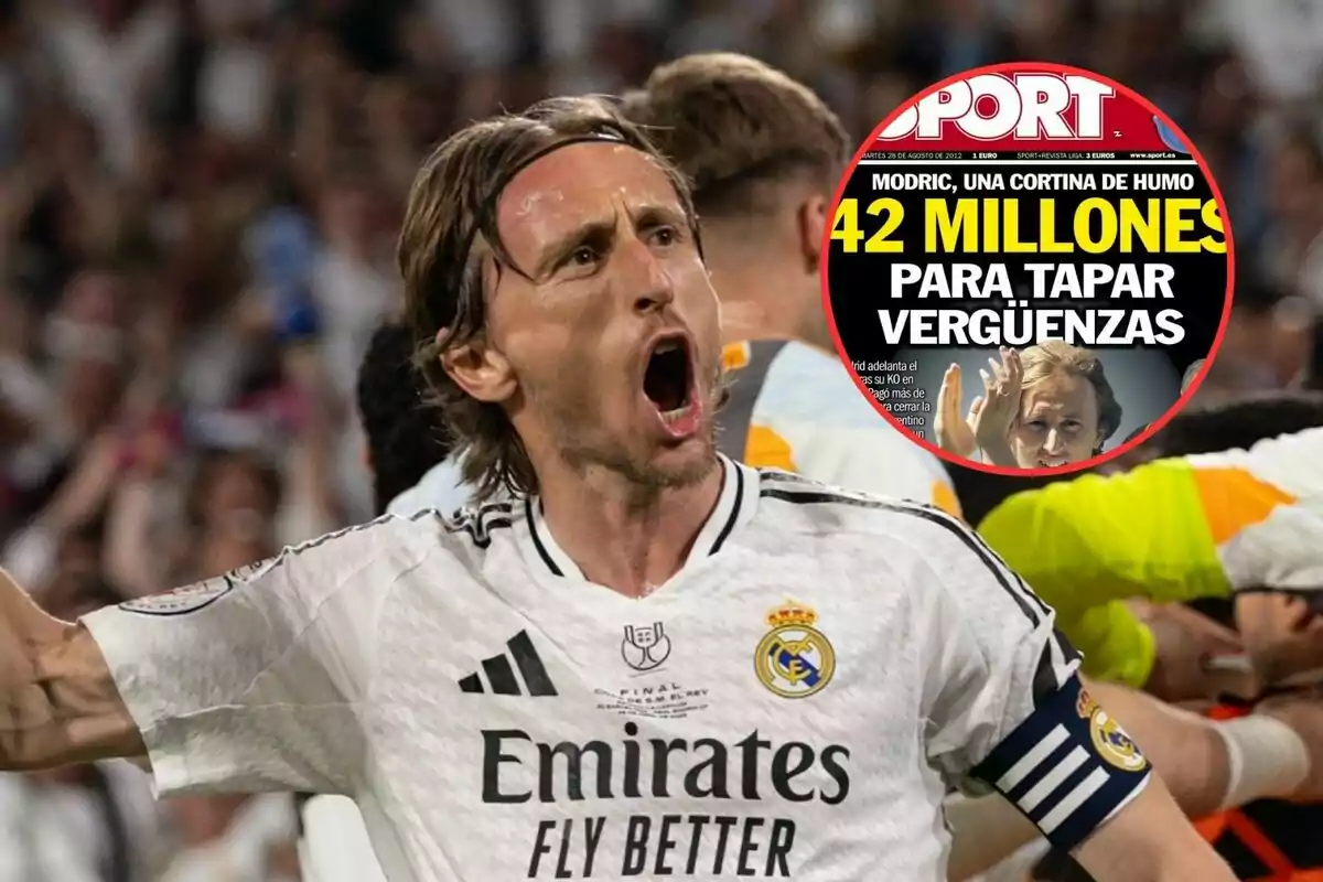Un jugador de fútbol del Real Madrid celebra con entusiasmo mientras una portada de revista destaca un titular sobre una gran suma de dinero.