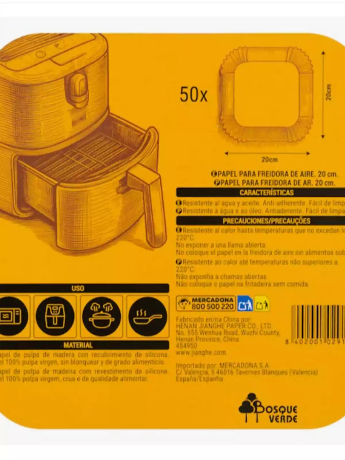 Envase amarillo de papel para freidora de aire de la marca Bosque Verde con ilustraciones de una freidora, un papel cuadrado de 20 cm y símbolos de uso en microondas, freidora de aire, olla y sartén Envase amarillo de papel para freidora de aire de la marca Bosque Verde con ilustraciones de una freidora, un papel cuadrado de 20 cm y símbolos de uso en microondas, freidora de aire, olla y sartén