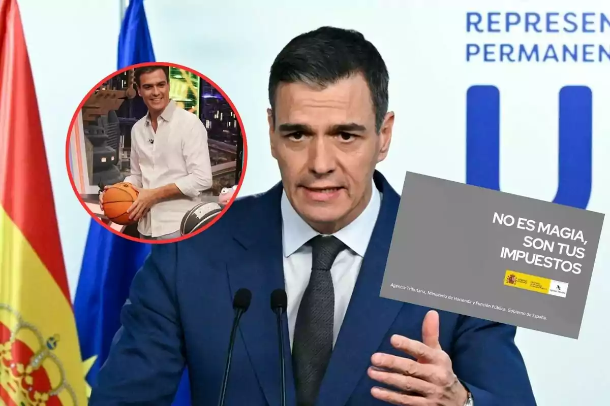 Un hombre en traje habla en un podio con banderas detrás, mientras sostiene un cartel que dice "No es magia, son tus impuestos"; en un círculo rojo se muestra a la misma persona sosteniendo un balón de baloncesto.