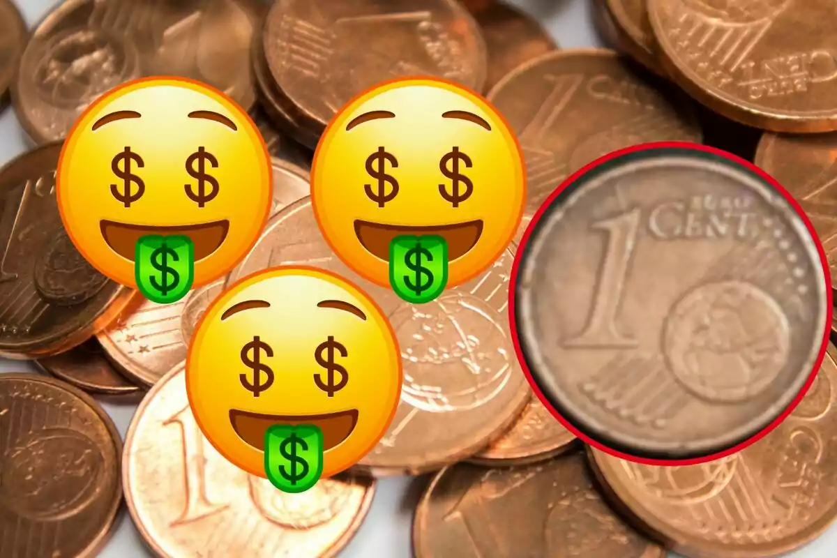 Monedas de un centavo de euro con emojis de cara sonriente con signos de dólar en los ojos y lengua.