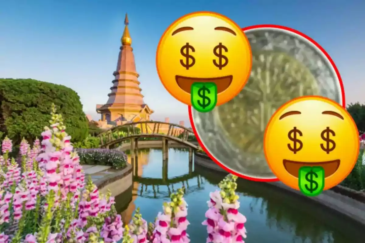 Una pagoda dorada rodeada de jardines floridos con emojis de cara sonriente y signos de dólar.