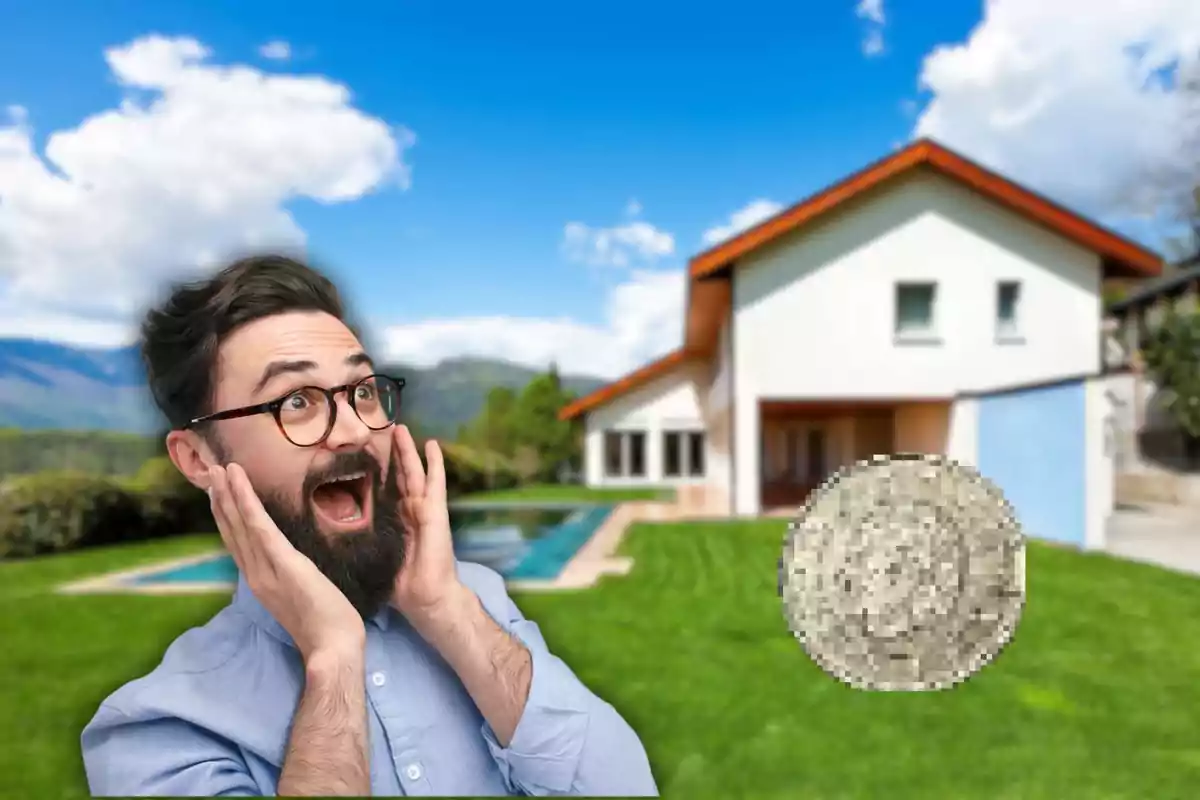 Hombre con expresión de sorpresa frente a una casa moderna con piscina y una moneda pixelada en primer plano.