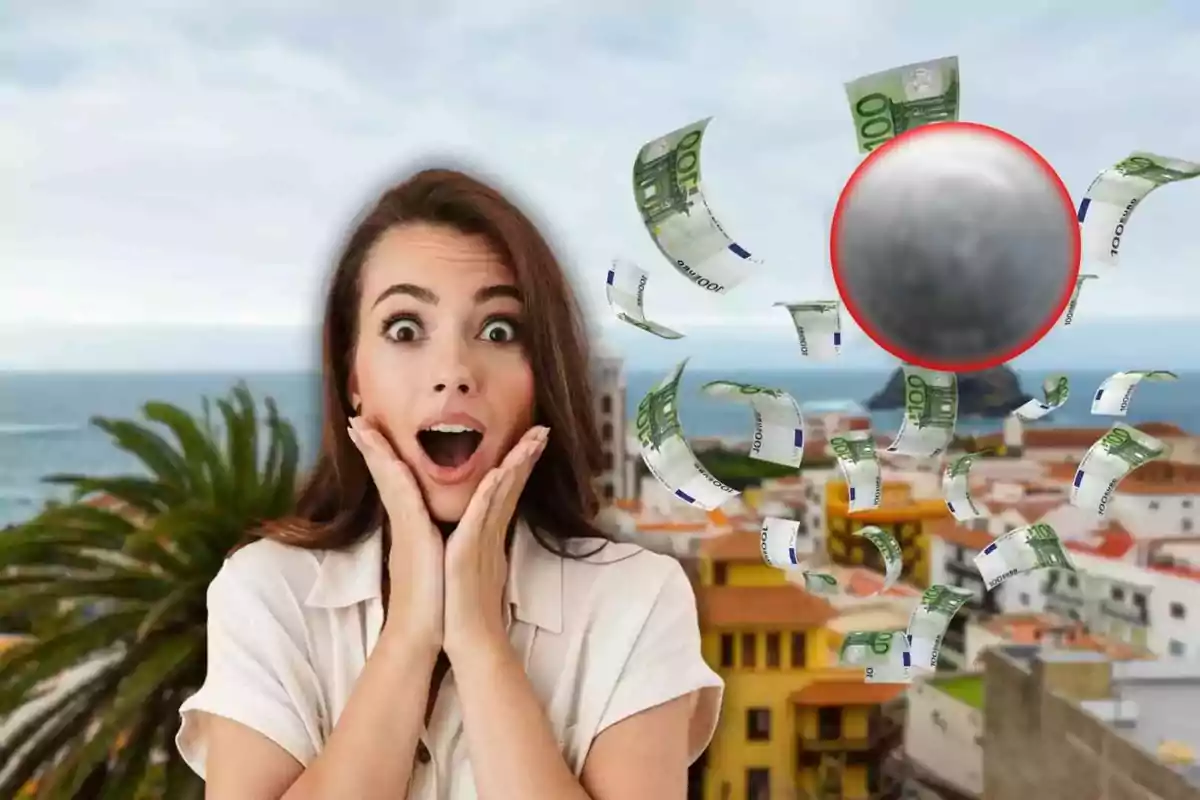 Mujer sorprendida con billetes volando en un paisaje urbano.