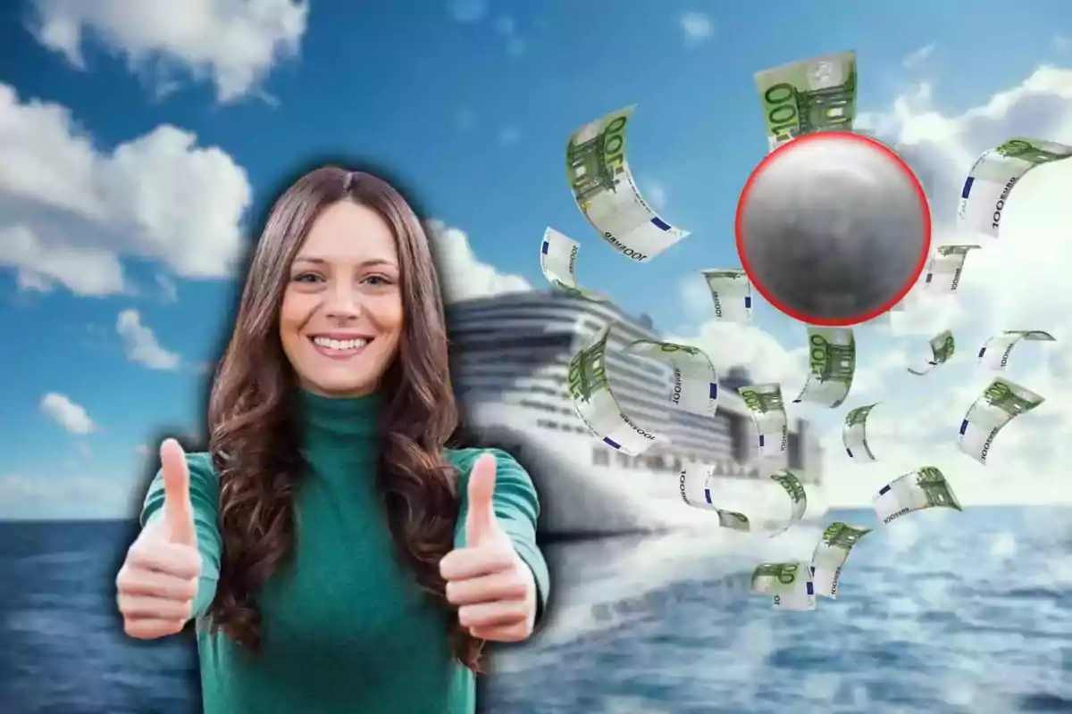 Una mujer sonriente con pulgares arriba frente a un crucero en el mar con billetes de euro flotando y una esfera gris en el aire.