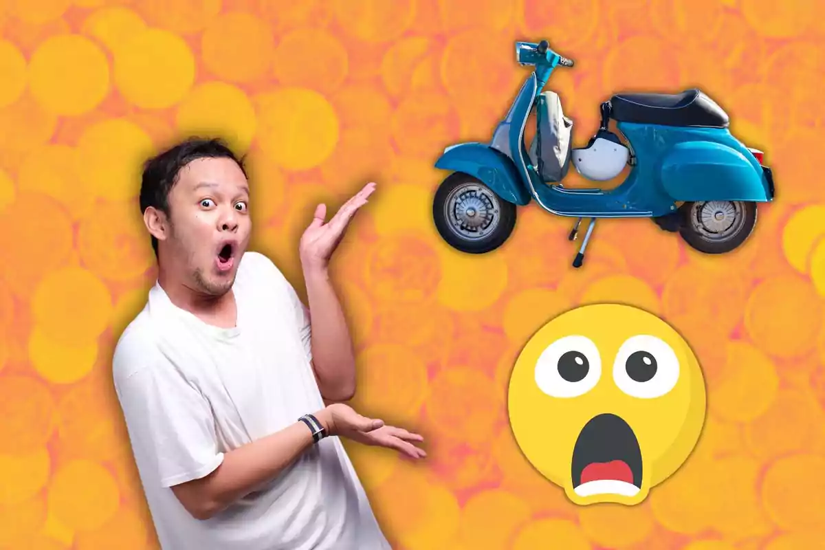 Un hombre con expresión de sorpresa señala una motocicleta azul y un emoji de cara sorprendida sobre un fondo de círculos amarillos y naranjas.