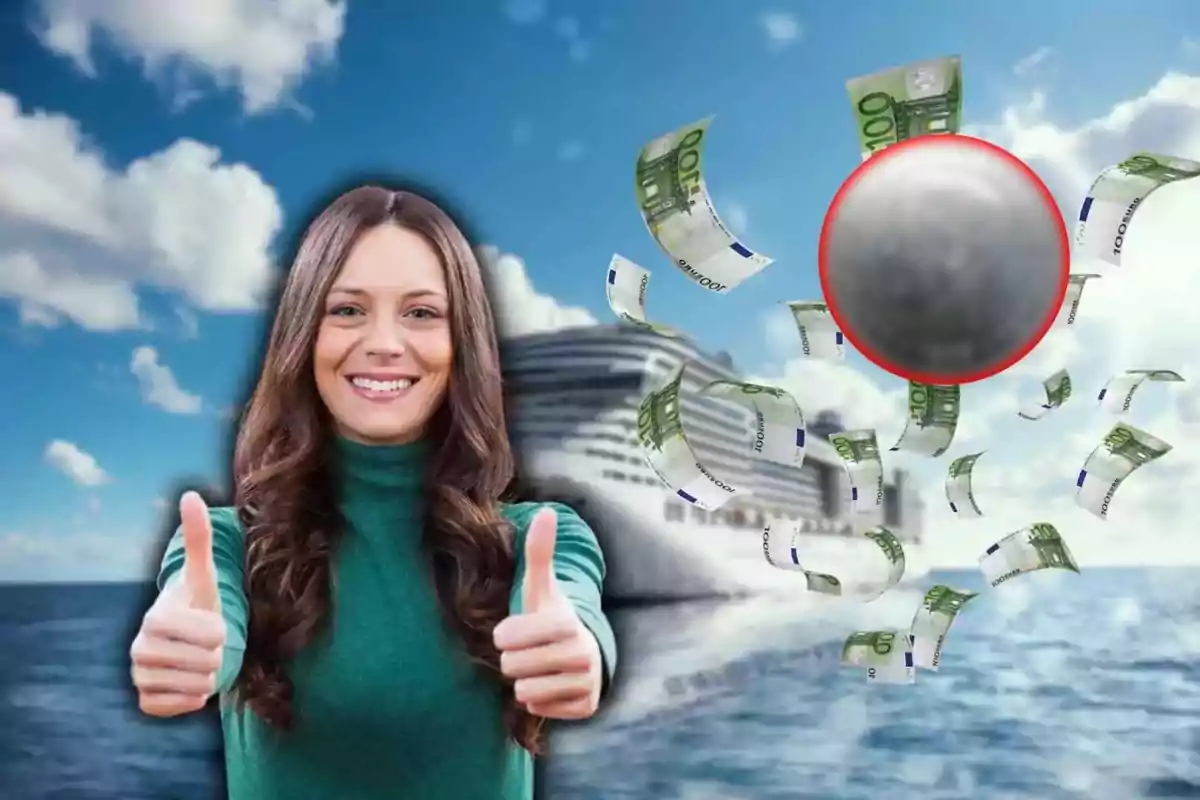 Una mujer sonriente con pulgares arriba frente a un crucero en el mar con billetes de 100 euros flotando y una esfera gris con borde rojo.