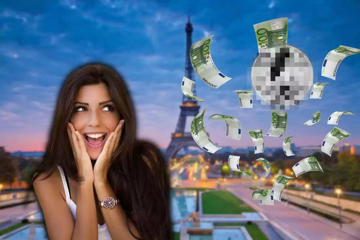 Una mujer sonriente con las manos en las mejillas, con la Torre Eiffel de fondo y billetes de 100 euros flotando en el aire.