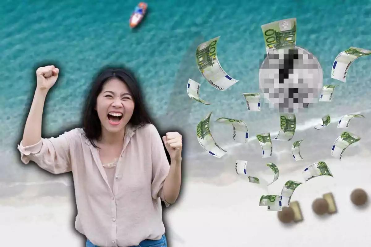 Una mujer sonriente con los puños levantados en la playa, con billetes de 100 euros flotando a su alrededor y un reloj pixelado en el fondo.