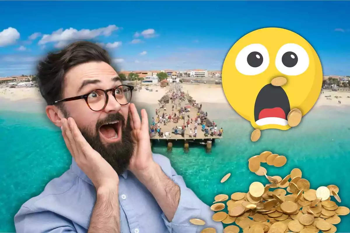 Hombre con expresión de sorpresa junto a un emoji sorprendido, un muelle lleno de gente y monedas doradas cayendo sobre un mar turquesa.