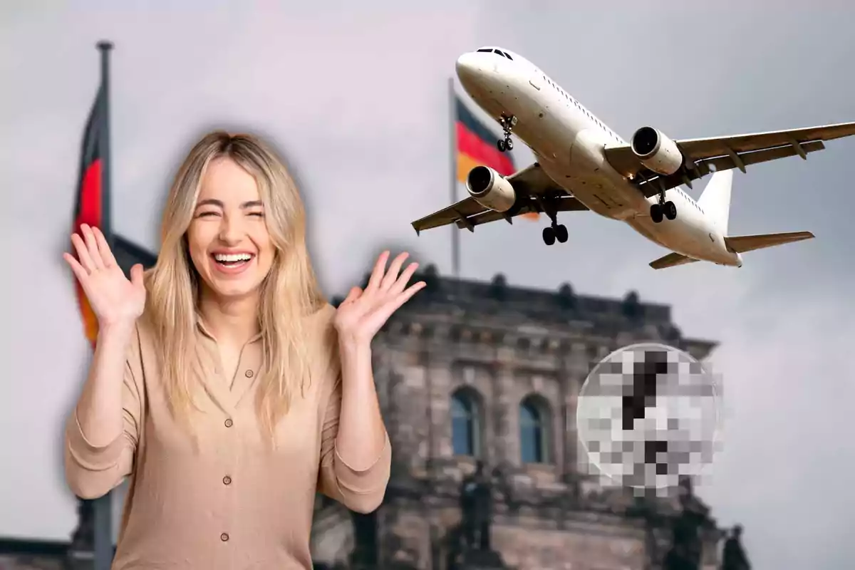 Una mujer sonriente con las manos levantadas, un avión volando y una bandera alemana en el fondo.