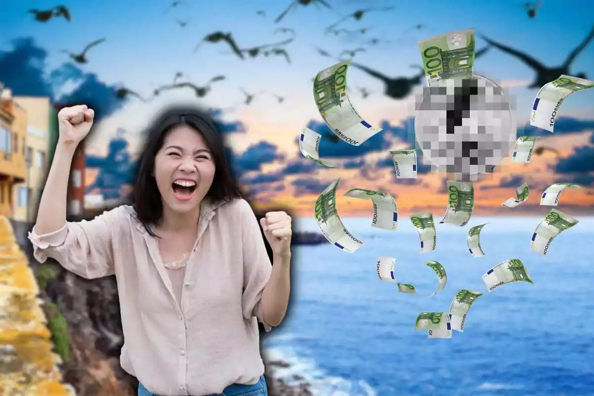 Una mujer sonriente con los puños levantados, billetes de 100 euros flotando en el aire y un reloj pixelado en el fondo, con un paisaje costero al atardecer y aves volando.