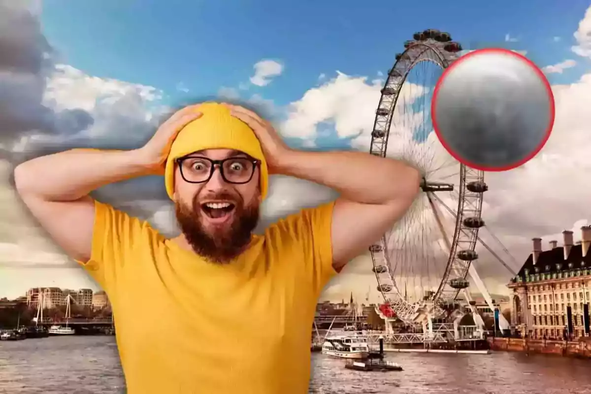 Hombre sorprendido con gorro amarillo frente a la noria London Eye y un objeto redondo en el cielo.