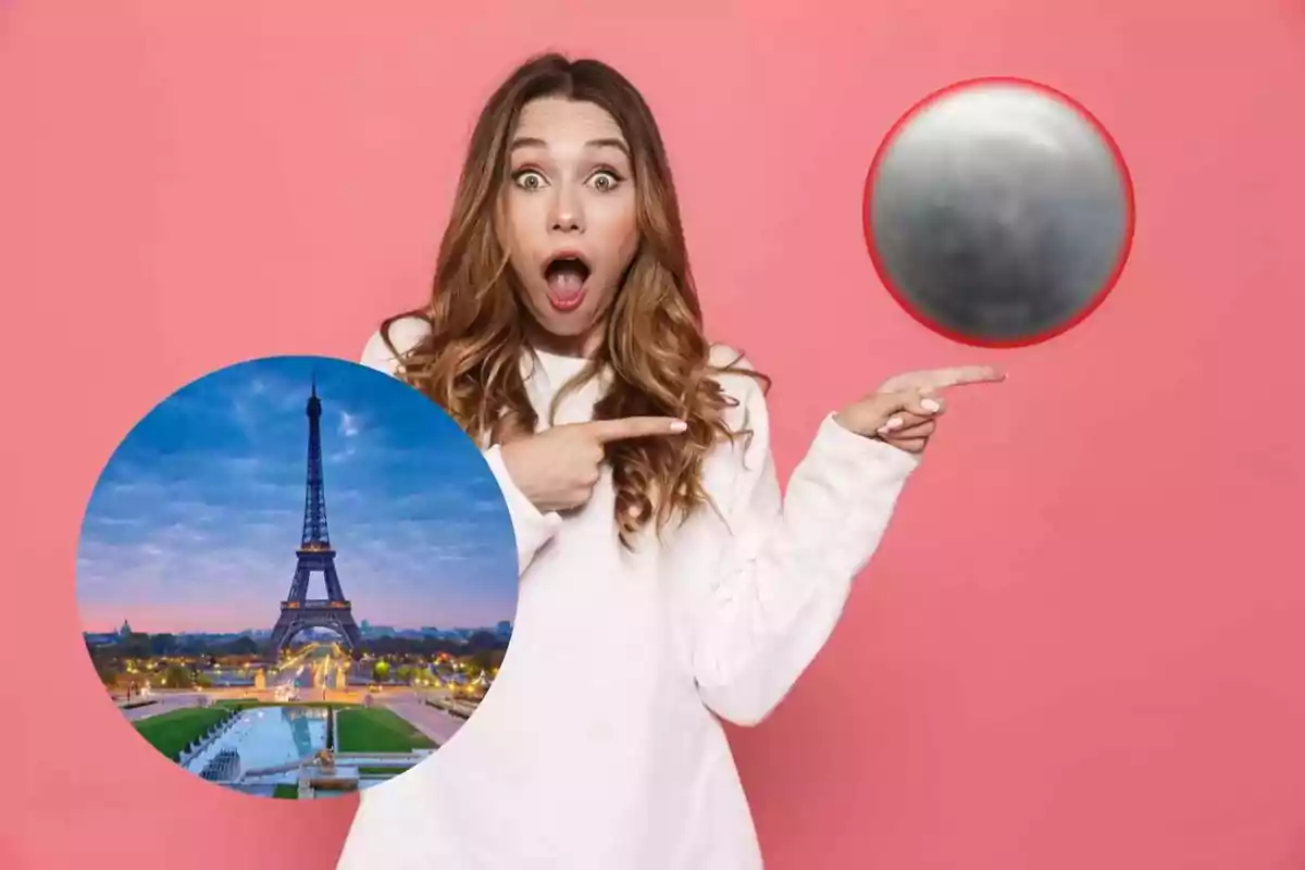 Mujer sorprendida señalando hacia un círculo con una imagen de la Torre Eiffel sobre un fondo rosa.