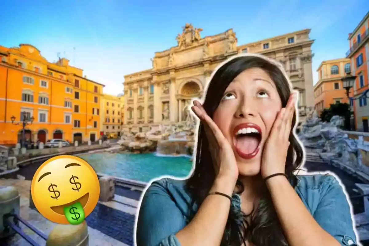 Mujer emocionada frente a la Fontana di Trevi con un emoji de dinero.