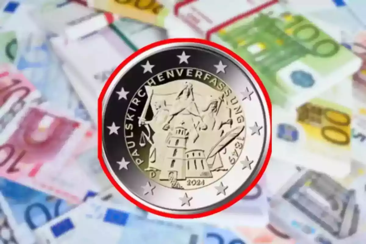 Una moneda conmemorativa europea sobre un fondo de billetes de euro. Una moneda conmemorativa europea sobre un fondo de billetes de euro.