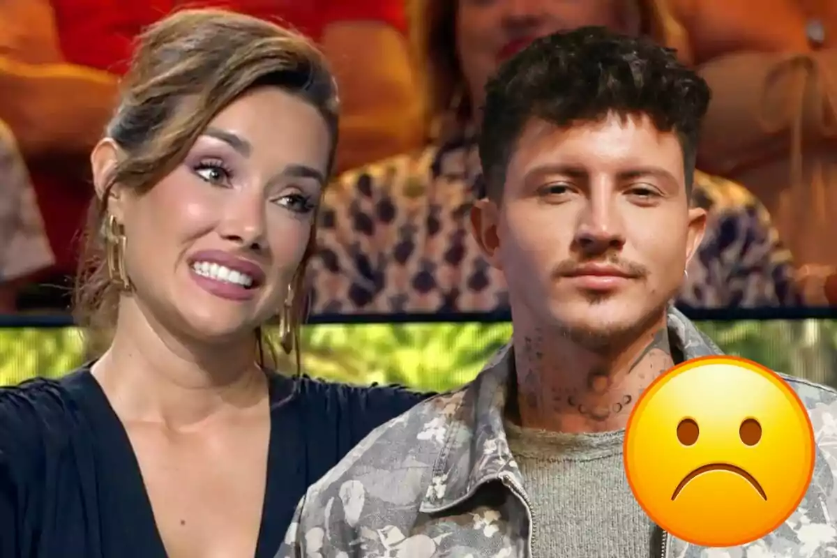 Adara Molinero y Jonan Wiergo con una expresión facial seria, con un emoji de cara triste en la esquina inferior derecha.