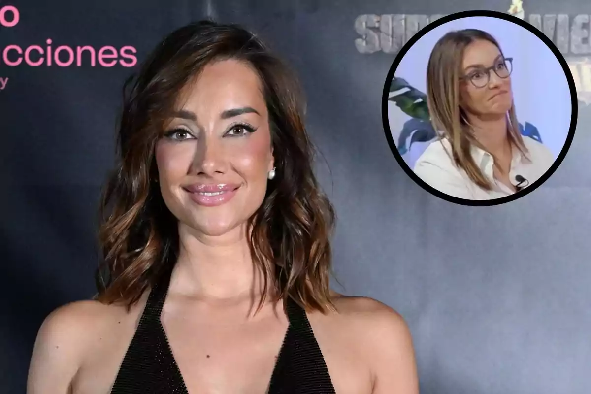 Montaje con Adara Molinero, con cabello castaño y vestido negro, y Elena Rodríguez, con gafas y rostro serio dentro de un círculo negro
