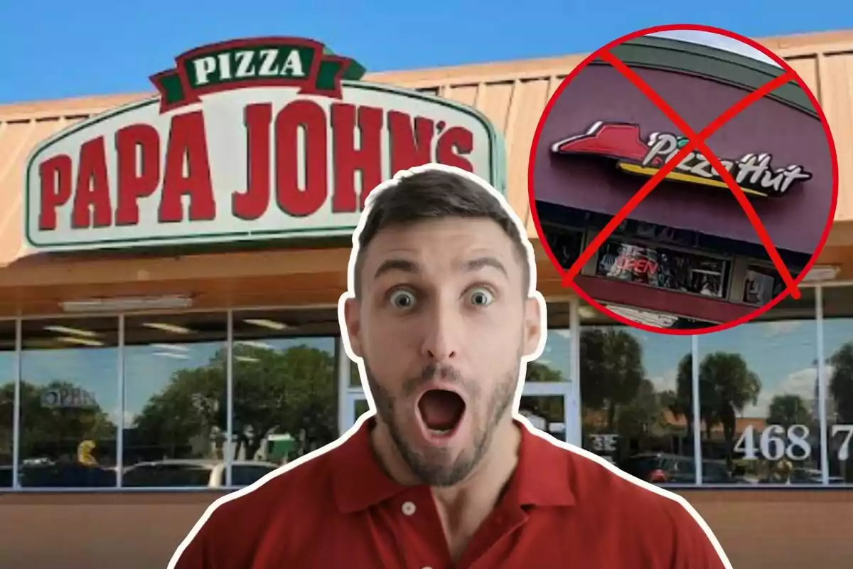 Un hombre sorprendido frente a un restaurante de Papa John's con un símbolo de prohibición sobre el logo de Pizza Hut. Un hombre sorprendido frente a un restaurante de Papa John's con un símbolo de prohibición sobre el logo de Pizza Hut.
