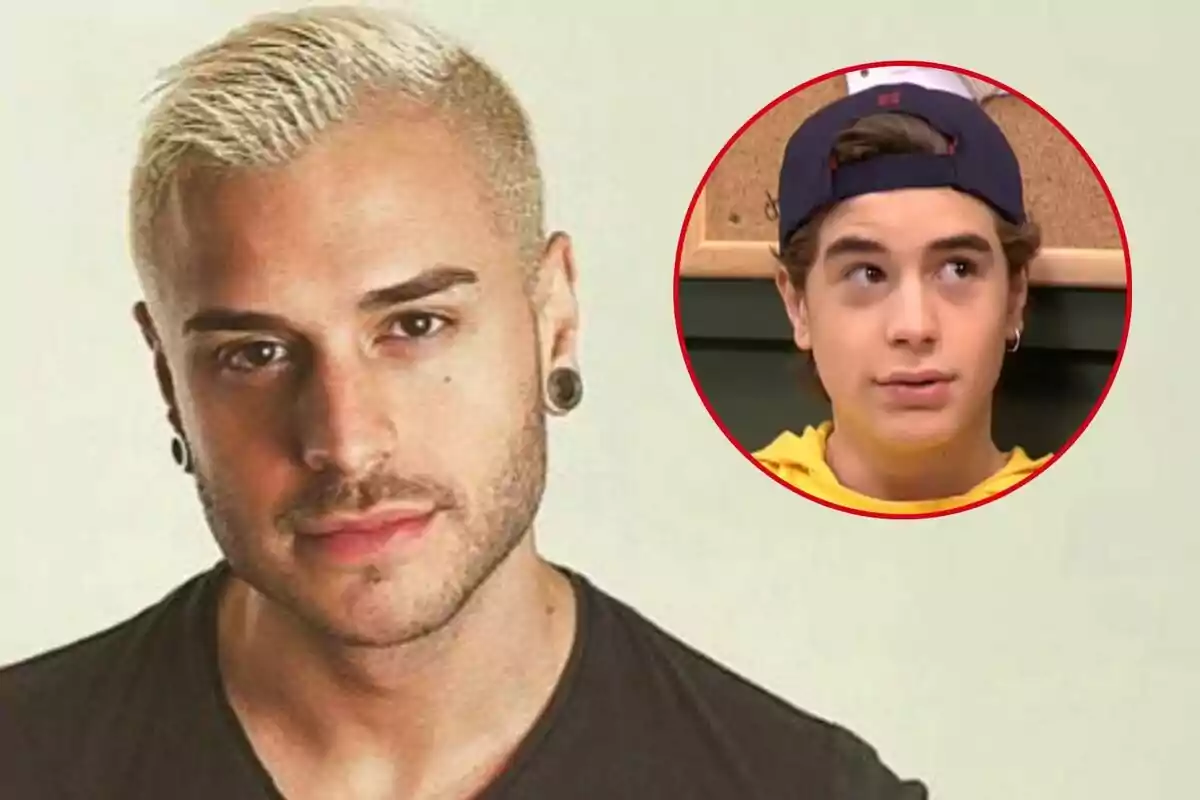 Adrián Rodríguez con cabello rubio y barba mira a la cámara, mientras que en un recuadro circular aparece él de joven con gorra hacia atrás.