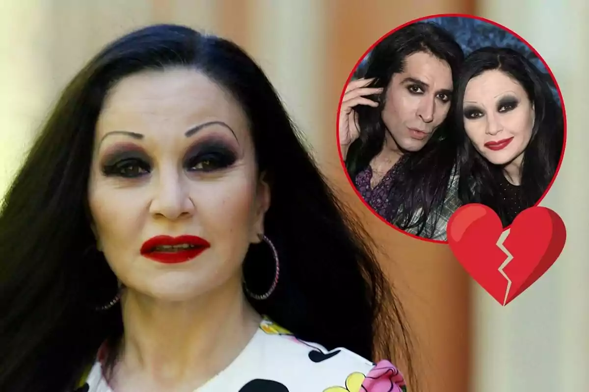 Alaska con maquillaje oscuro y labios rojos aparece en primer plano, mientras que en un círculo rojo a la derecha se muestra una foto de ella con Mario Vaquerizo, acompañada de un ícono de corazón roto.