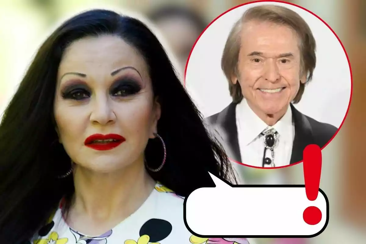 Alaska con maquillaje oscuro y labios rojos aparece en primer plano, mientras que en un círculo rojo al fondo se muestra a Raphael sonriendo, con un globo de diálogo vacío y un signo de exclamación rojo.