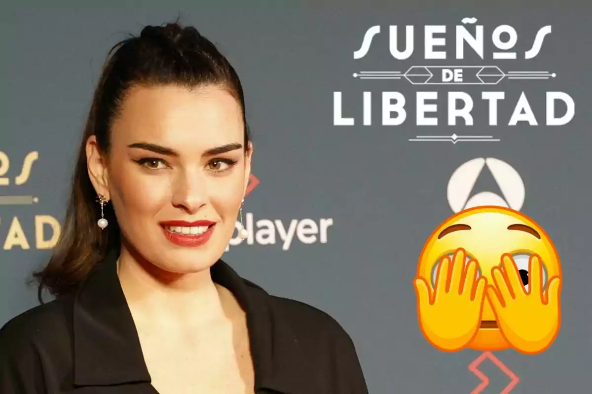 Alba Brunet posando frente a un fondo con el texto "Sueños de Libertad" y un emoji de cara con manos cubriendo los ojos.