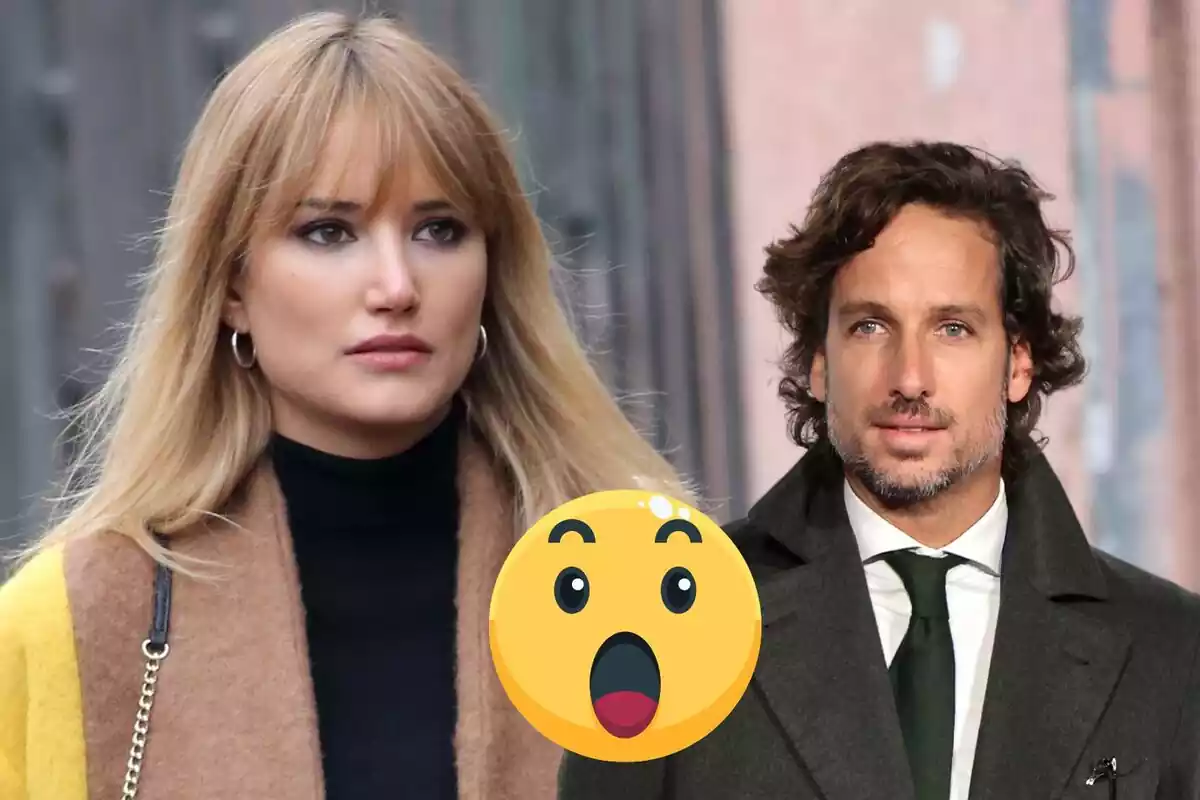 Montage of Alba Carrillo serious in a brown coat, Feliciano López smiling in a black suit and a surprised emoji