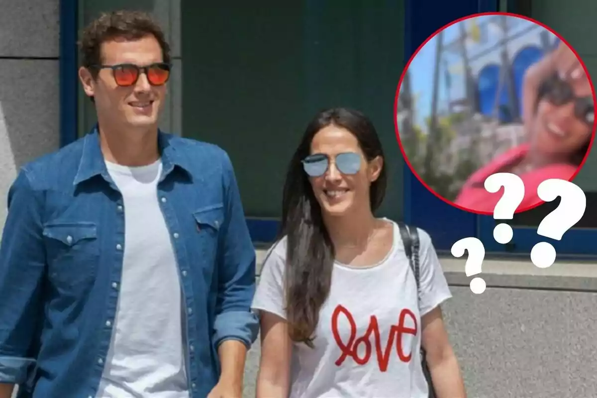 Albert Rivera y Malú caminando con gafas de sol, con una imagen borrosa de ella en un círculo rojo con signos de interrogación.