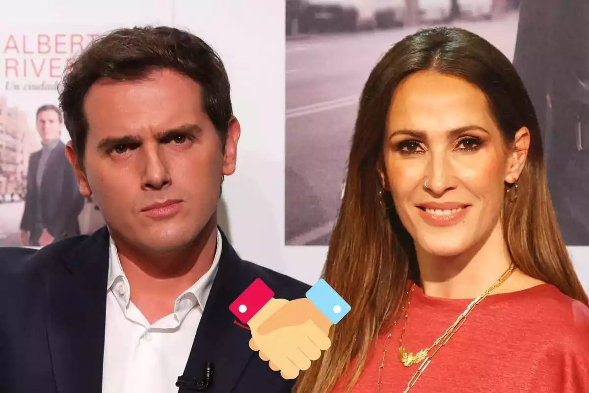 Montaje de Albert Rivera serio en traje, Malú sonriendo con unos collares dorados y unas manos juntas