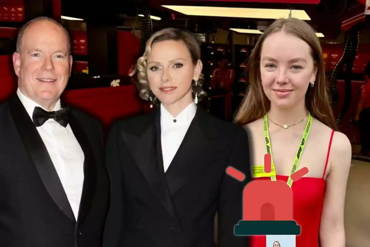 Albert of Monaco, Charlene, and Alexandra of Hanover pose in front of a red and black background; two of them are dressed formally, and the third is wearing a red dress with a badge and an alert siren icon covering part of her chest.