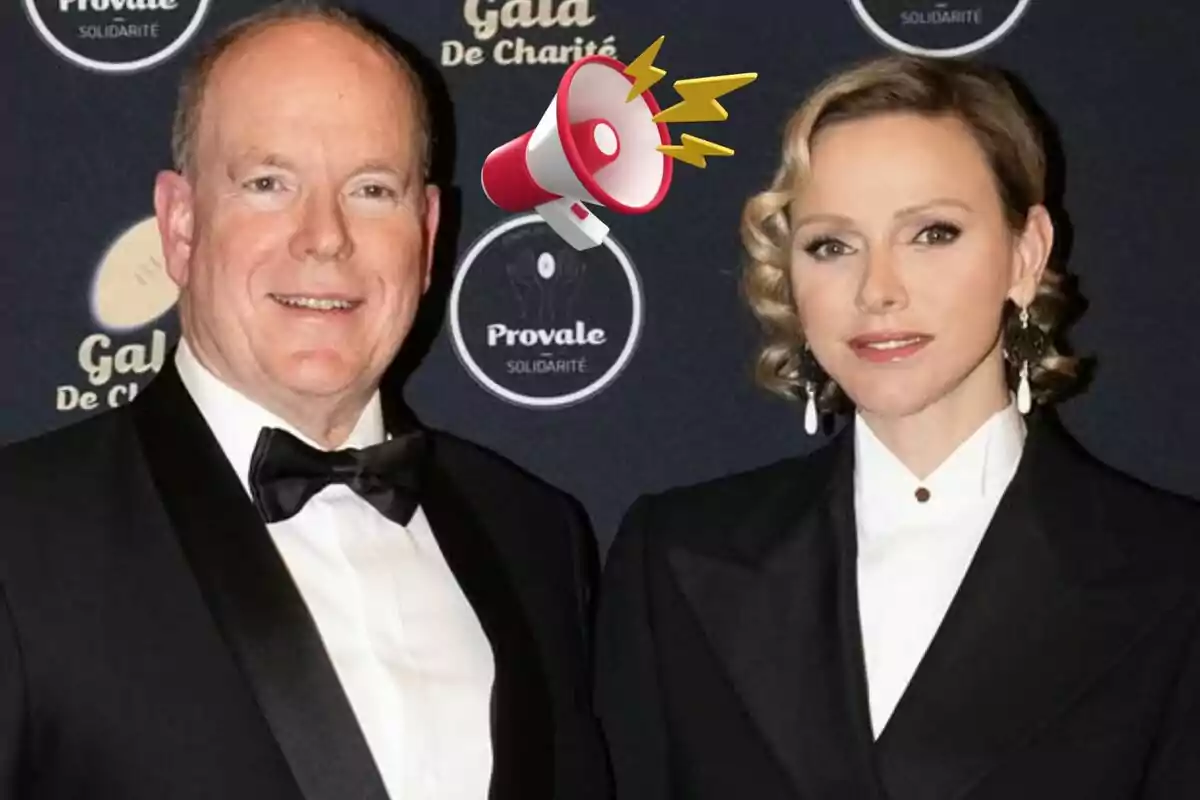 Albert of Monaco and Charlene elegantly dressed pose at a gala event with a background showing charity logos and a graphic megaphone.