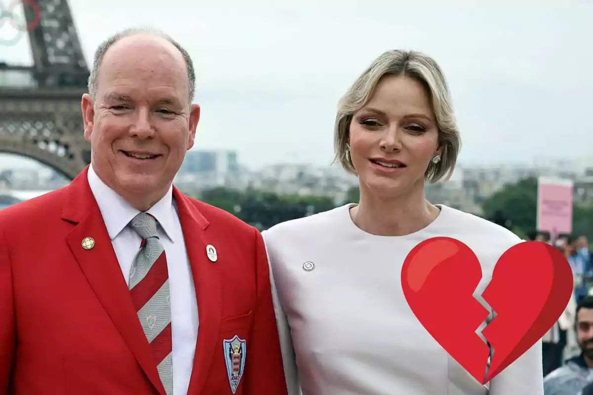 Alberto de Mónaco y Charlene posando frente a la Torre Eiffel, con un emoji de corazón roto superpuesto.