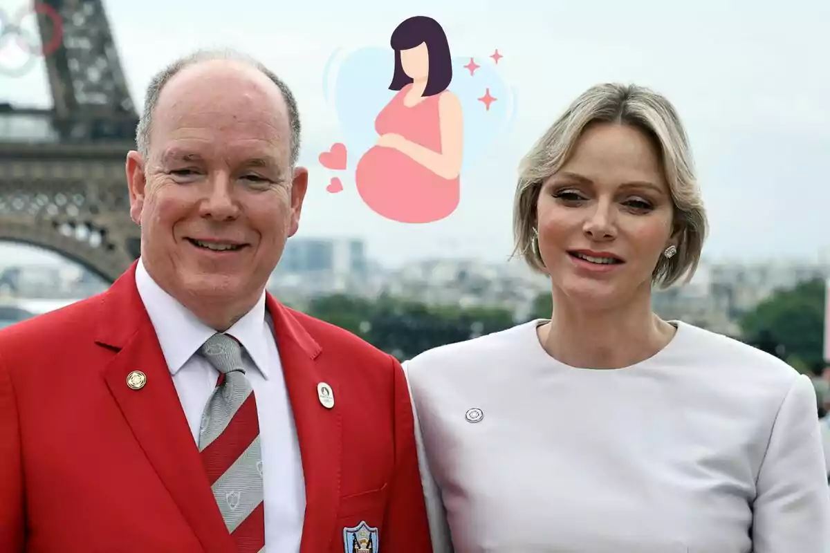 Albert of Monaco and Charlene posing in front of the Eiffel Tower with a drawing of a pregnant woman above them