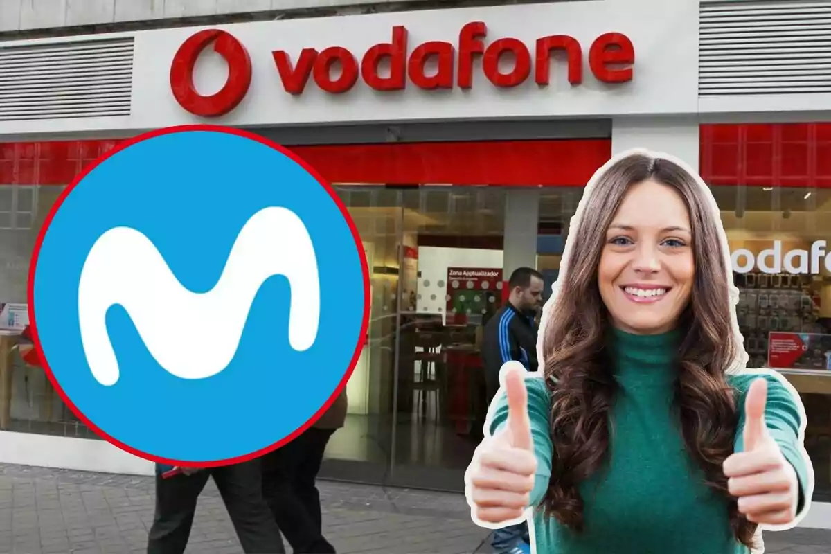 Al fondo un tienda de Vodafone, una chica con los pulgares arriba y en el círculo el logo de Movistar