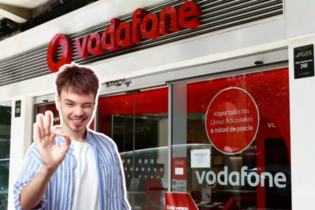 A Vodafone store, with a boy in front making a happy gesture