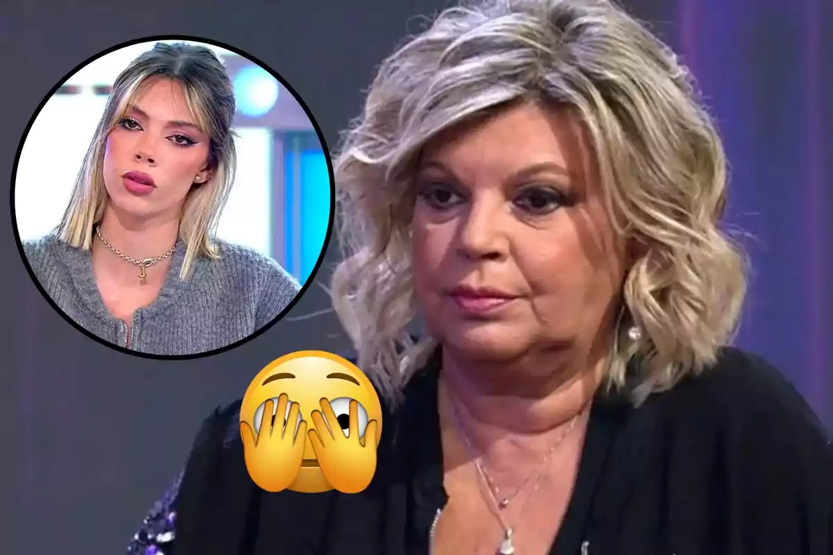 Montaje de Terelu Campos, con cara seria y blusa negra, y Alejandra Rubio, con rostro serio en un círculo, y un emoji de cara sorprendida cubriéndose los ojos.