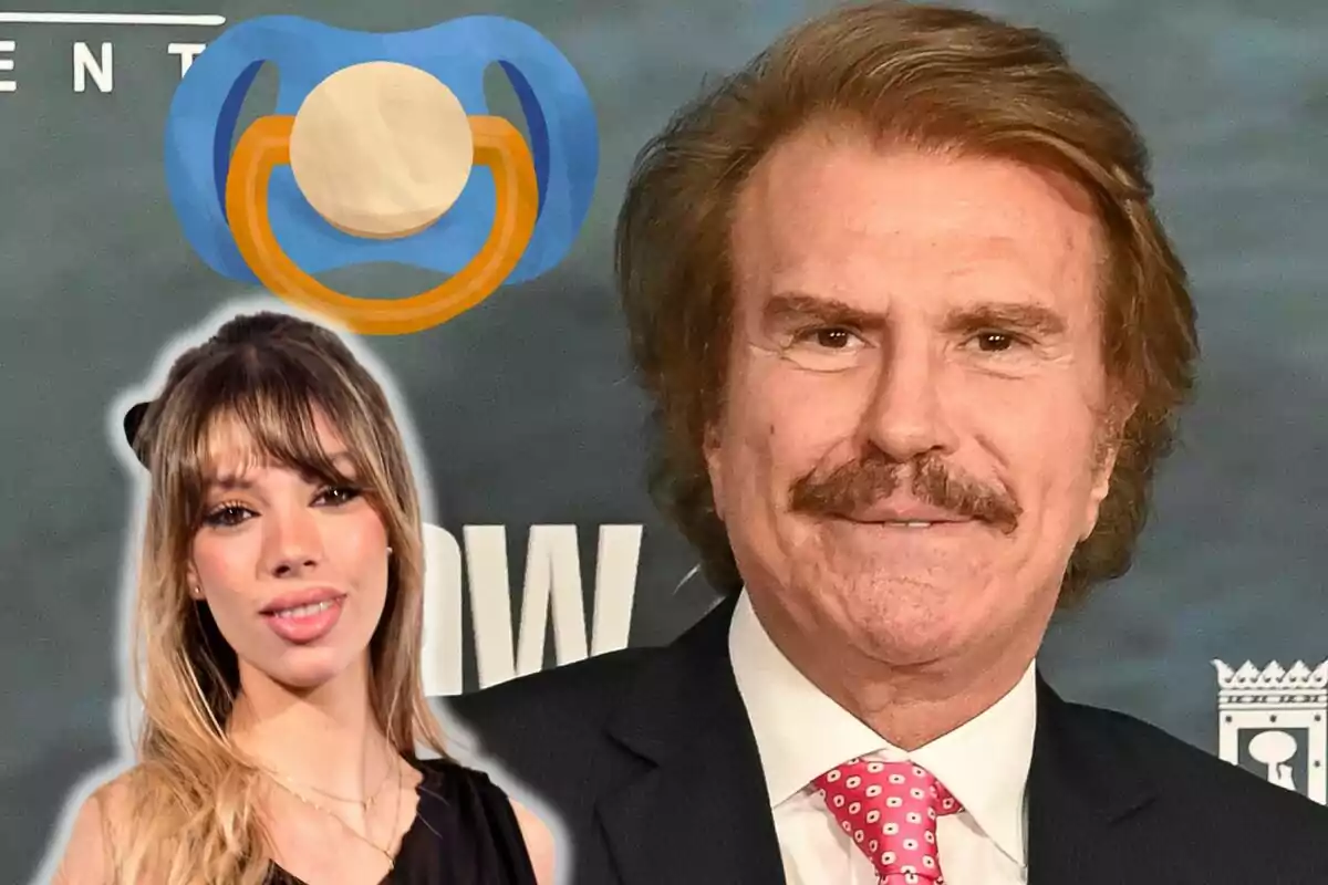 Alejandra Rubio y Edmundo Arrocet posan juntas frente a un fondo oscuro con un chupete azul y naranja en la parte superior.