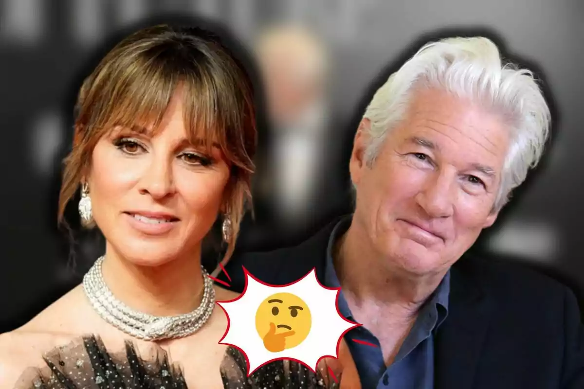 Alejandra Silva y Richard Gere posan juntos con un fondo desenfocado y un emoji de cara pensativa entre ellos