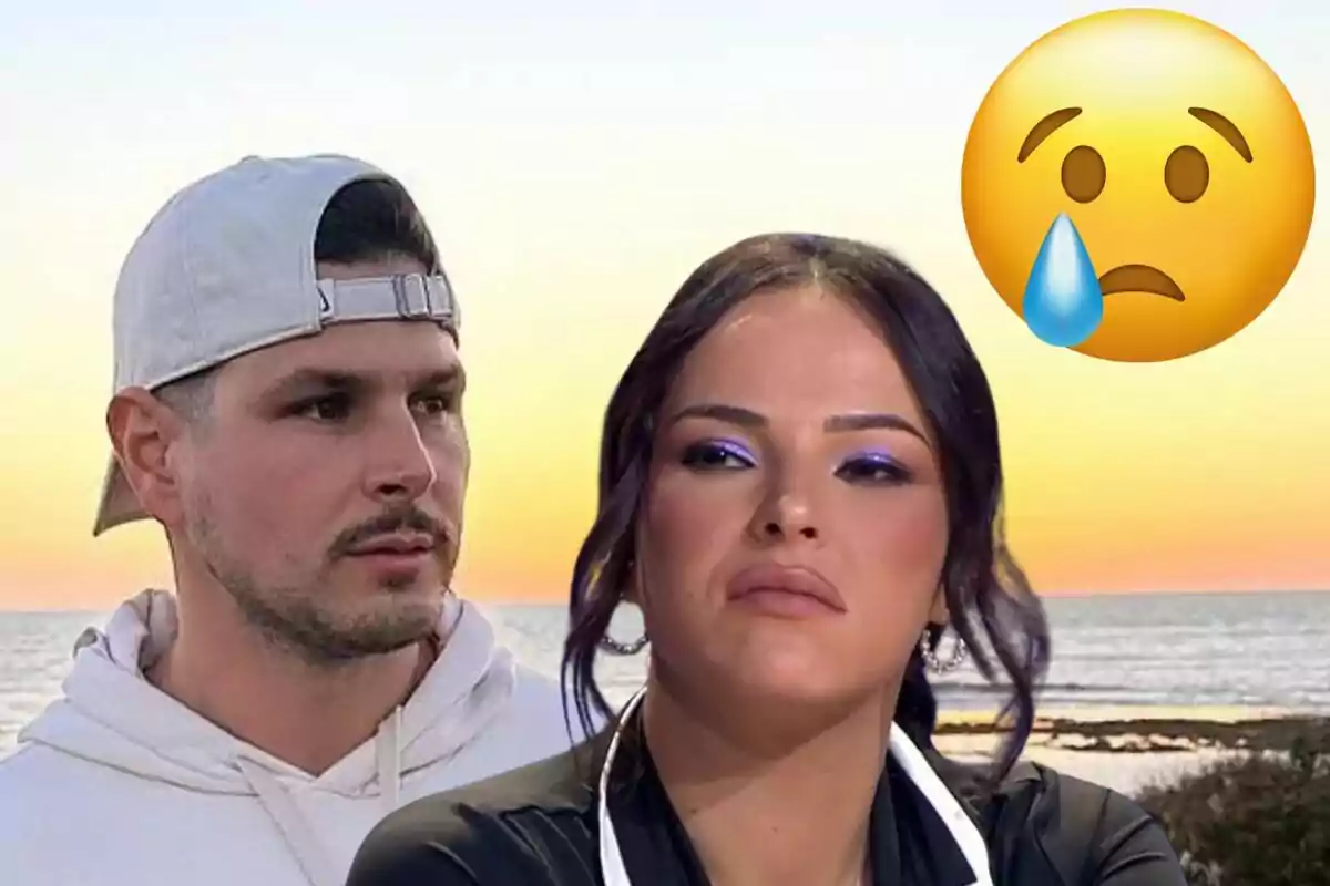 Alejandro Nieto y Marta Peñate con expresiones serias y un emoji triste con una lágrima sobre un fondo de atardecer en la playa.