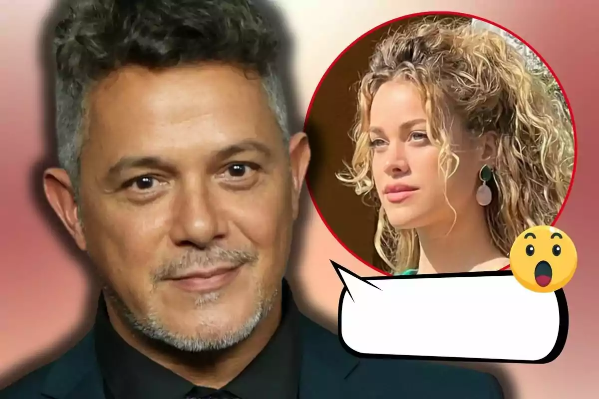 Alejandro Sanz looks at the camera while Candela Márquez appears in a red circle next to him with a surprised emoji and an empty speech bubble.